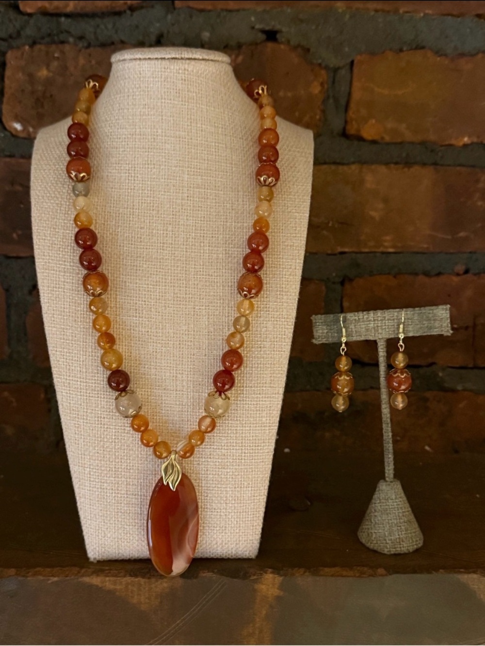 Vintage Carnelian-Bead Pendant Necklace 16” and Earrings - Amber Tones